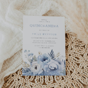Den vackra Dusty Blue-Blommigten Quinceanera Party Inbjudningar