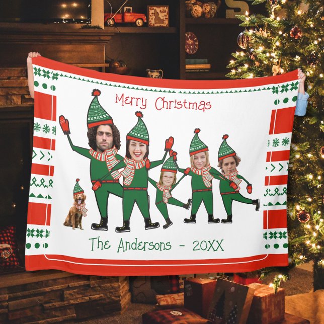 Den vackra Elf-familjen med fem Hund Röd Grönt jul Fleecefilt (Skapare uppladdad)