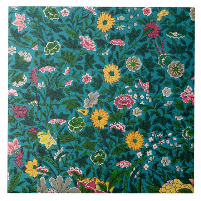 Den vackra feta Blommigten Boho Blue Grönt Kakelplatta (Framsidan)
