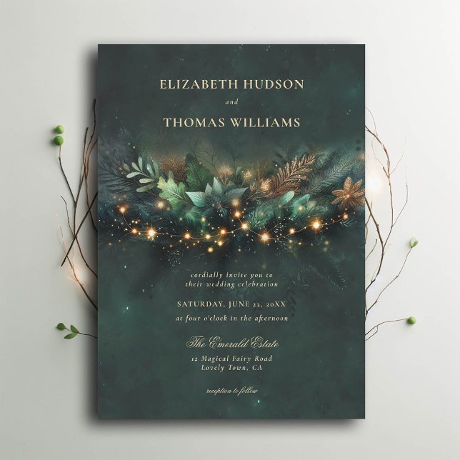 Den vackra Forest Fairytale Guld-utandningen Bröll Inbjudningar (enchanted forest wedding invitation emerald gold wreath typography modern classic)