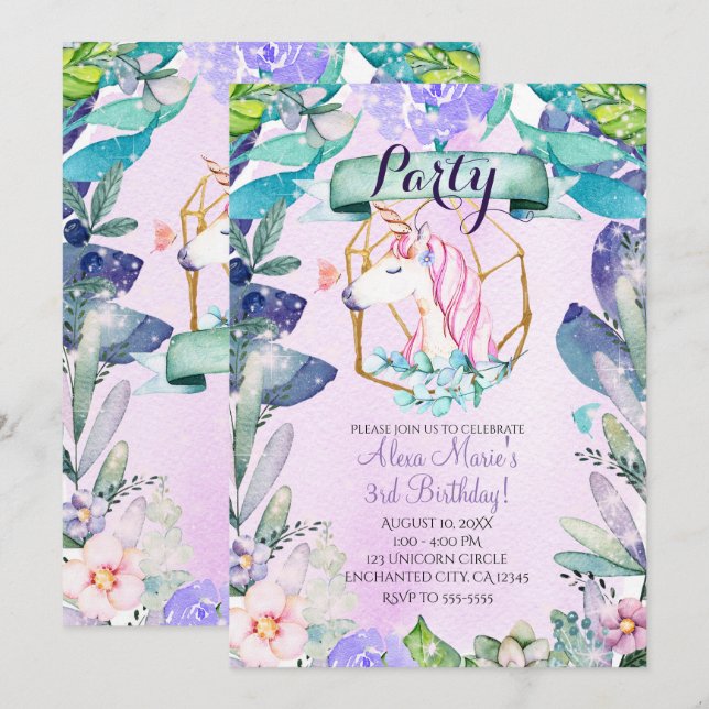 Den vackra Forest Fantasy Magic Unicorn Party Inbjudningar (Fram/baksida)