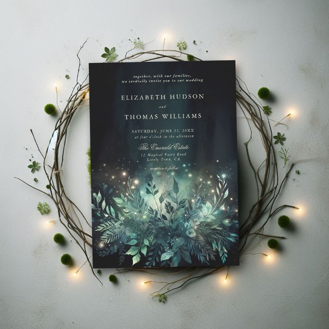 Den vackra Forest Foliage Fairy Ljus Chic Bröllop Inbjudningar (enchanted forest wedding invitation elegant magical fairy garden foliage greenery emerald night boho)