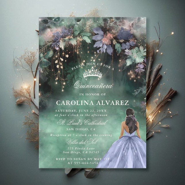 Den vackra Forest Periwinkle Blue-Chicen Quinceane Inbjudningar (enchanted forest quinceanera invitation watercolor princess dress periwinkle emerald green)