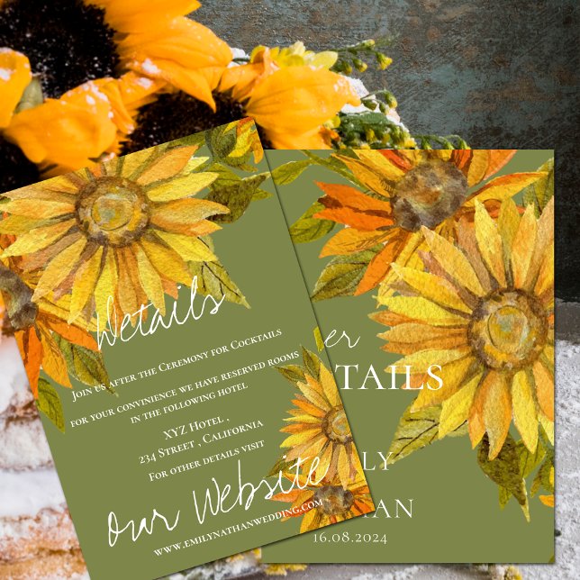 Den vackra Gulten Solros Blommigt Bröllop Tilläggskort (Beautiful Yellow Sunflower Floral Wedding Enclosure Details Card)