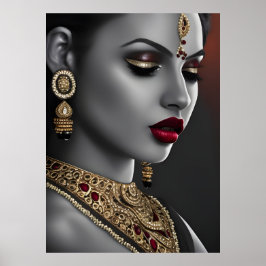 Den vackra indianske kvinnan Black White Red läppa Poster