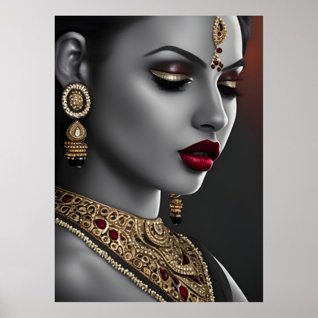 Den vackra indianske kvinnan Black White Red läppa Poster (Framsidan)
