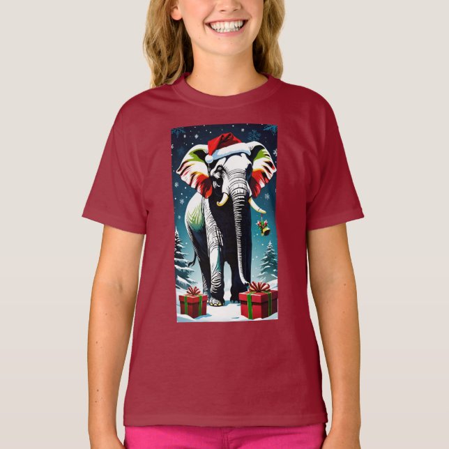 Den vackra julelefanten i Santa Hat T Shirt (Framsida)