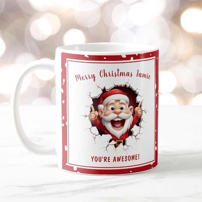 Den vackra jultomten går genom Red Namn-julen Kaffemugg (Funny Santa breaking through Red Name Christmas Coffee Mug)
