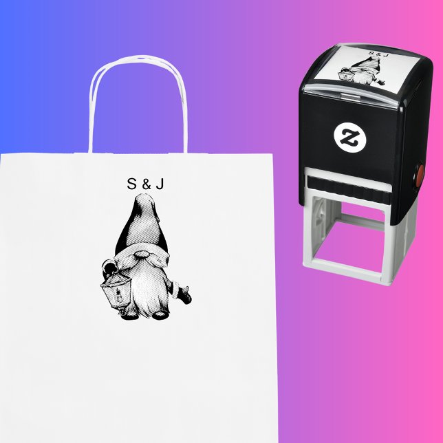 Den vackra jultomten Gnome Par Monogram Självfärgande Stämpel (Funny Christmas Santa Gnome Couples Monogram Self-inking Stamp)