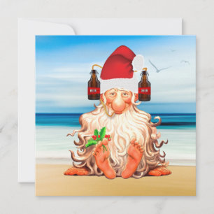 Den vackra jultomten i Beer Santa Hat på Beach Julkort