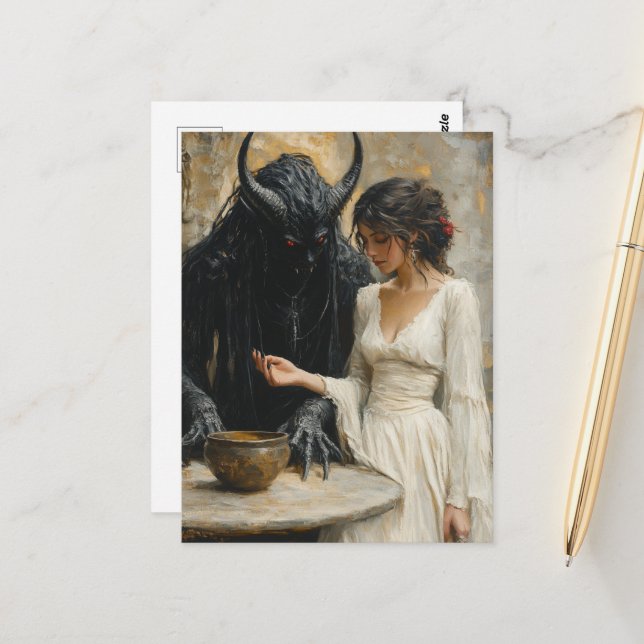 Den vackra kvinnan och Demon Vykort (Fram/Back In Situ)