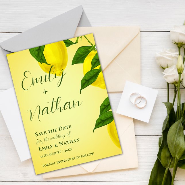 Den vackra Lemon Cute Bright-Gulten Citrus Bröllop Spara Datumet (Skapare uppladdad)