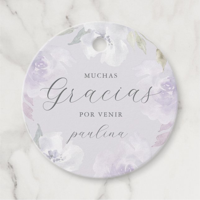 Den vackra Lila Blommigten Quinceañera Gracias Nam Gåvor Etiketter (Framsida)