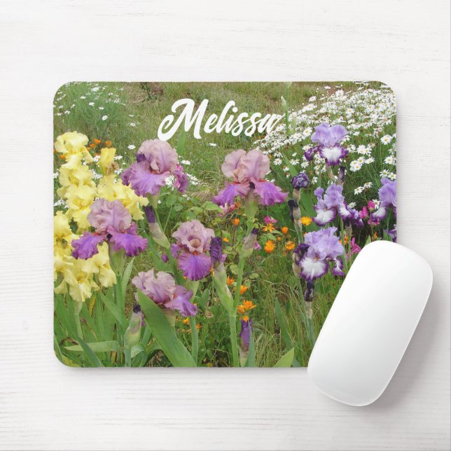 Den vackra Lilan Iris Irises-blommigten Garden Musmatta (Med mus)