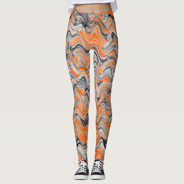 Den vackra ljusa Orangen Vågigt Curvy Linted Mönst Leggings (Framsida)