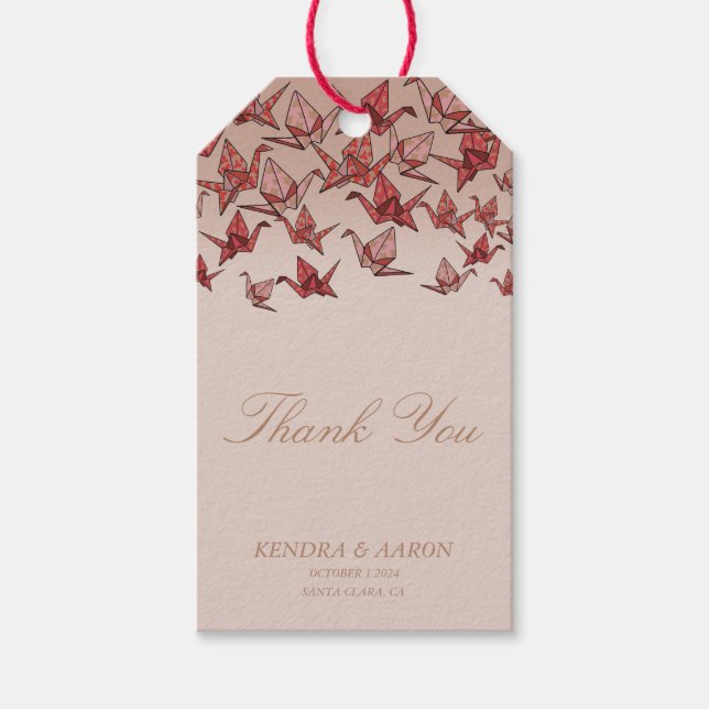 Den vackra Origami Pappra Crane Red Tack Presentetikett (Framsidan)