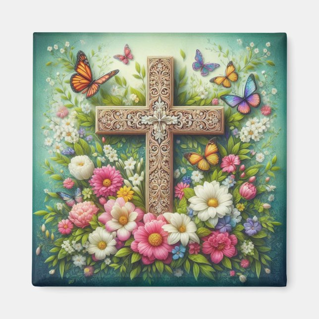 Den vackra Påsk blommigt kor med fjärilar Magnet (Framsidan)
