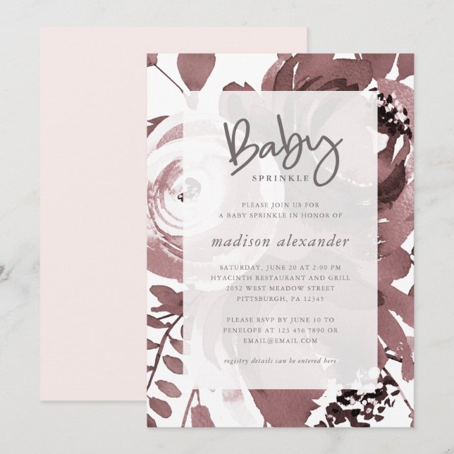 Den vackra Ro Färg-Blommigten  Baby Sprinkle Inbjudningar (Fram/baksida)
