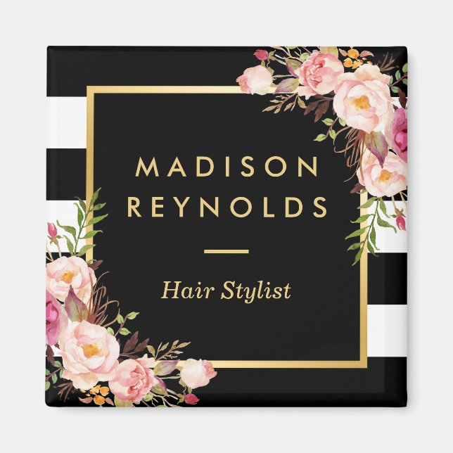 Den vackra Rosa Blommigt Black White Stripe Magnet (Framsidan)