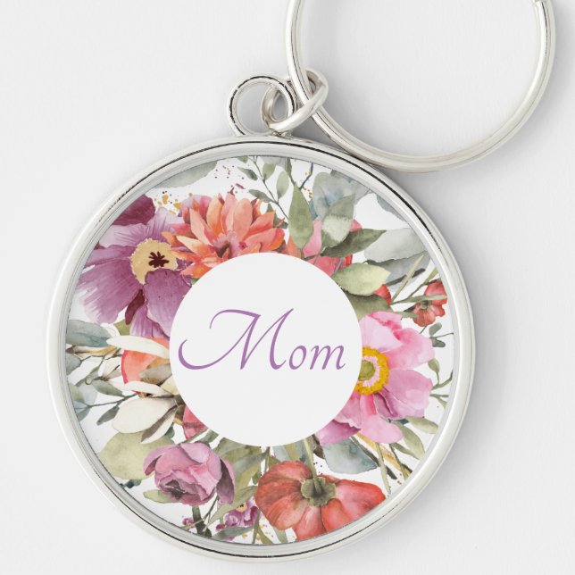Den vackra Rosa Blommigt Ram på vitt | MAMMA Rund Silverfärgad Nyckelring (Framsidan)
