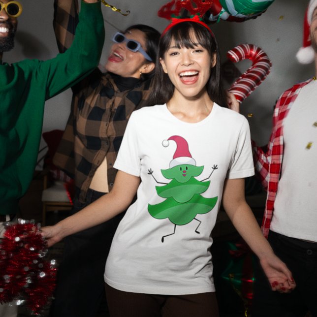 Den vackra Tecknaden Julgran, Santa Hat och Ansikt T Shirt (Funny Cartoon Christmas Tree, Santa Hat and Face T-Shirt)