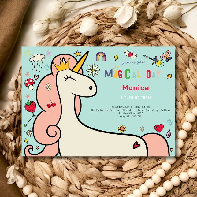 Den vackra tecknaden Unicorn barns födelsedag Inbjudningar (Skapare uppladdad)