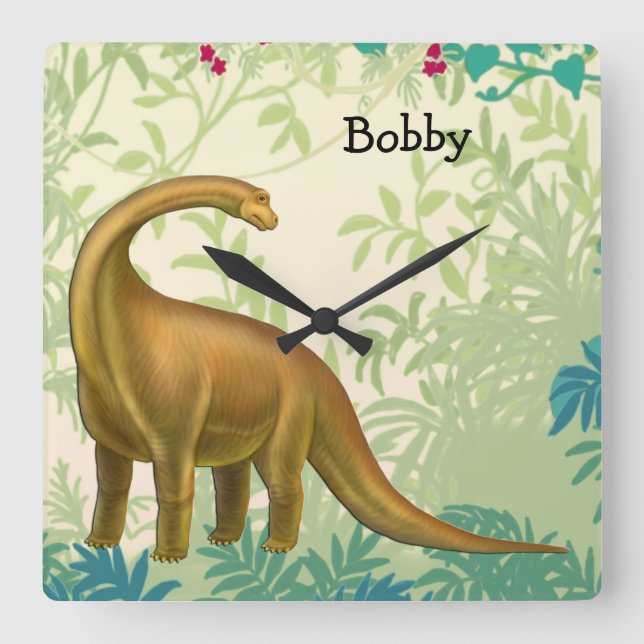 Den vänliga BrachiosaurusDinosaurväggen tar tid på Fyrkantig Klocka (Framsida)