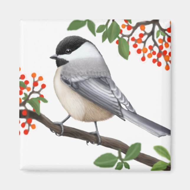 Den vänliga svarta, klädda Chickadee Bird Magnet (Framsidan)