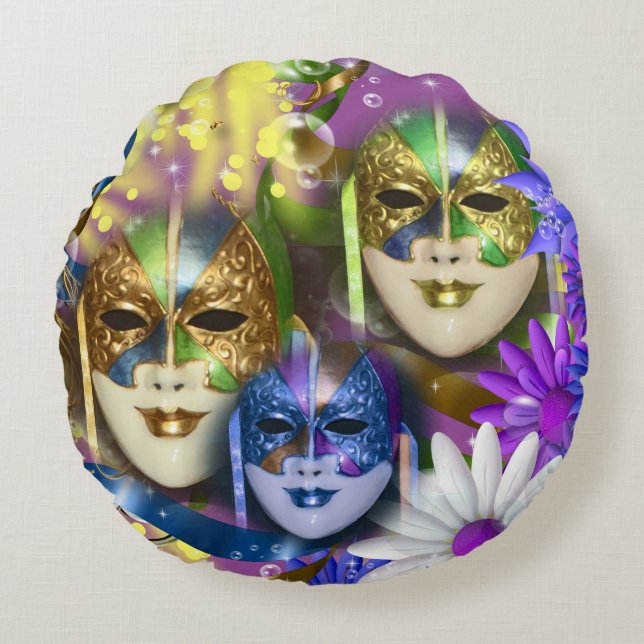 Den Venetian maskeradquinceaneraen maskerar RUNDAN Rund Kudde (Framsidan)
