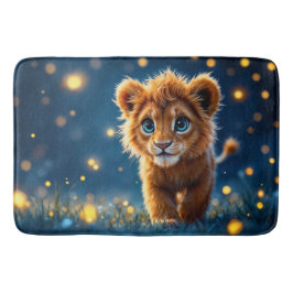 Den vidriga gyllene lejona unge i en drömliknande  badrumsmatta