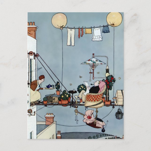 “Den vikbara trädgården” av W Heath Robinson Vykort (Framsida)