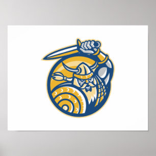 Den Viking Norsekrigare med svärd och skyddar Poster