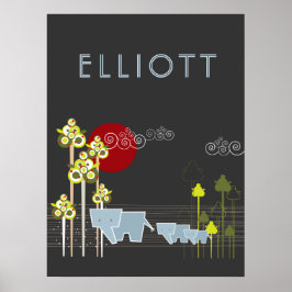 Den vimiska elefantfamiljen i skogen och Sol Poster