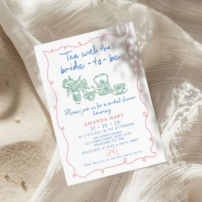 Den visemiska tea-Möhippan för flera färg-Hand plo Inbjudningar (Whimsical Tea Bridal Shower Invitation, Hand Drawn Three Colors, Tea With Bride To Be Invite Quirky)