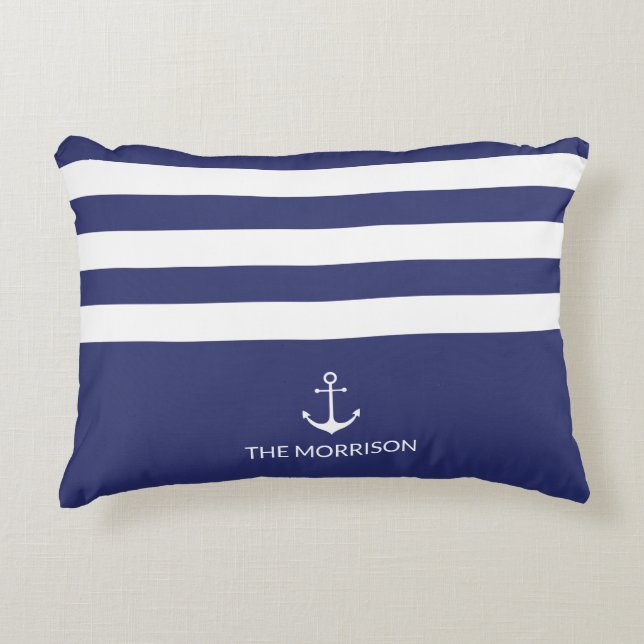 Den vita ankarpunkten Namn vid sjön Rand, marinblå Prydnadskudde (Framsidan)