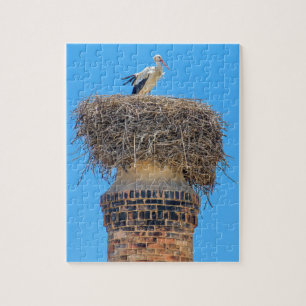 Den vuxna storken bygga bo in på chimney.JPG Pussel