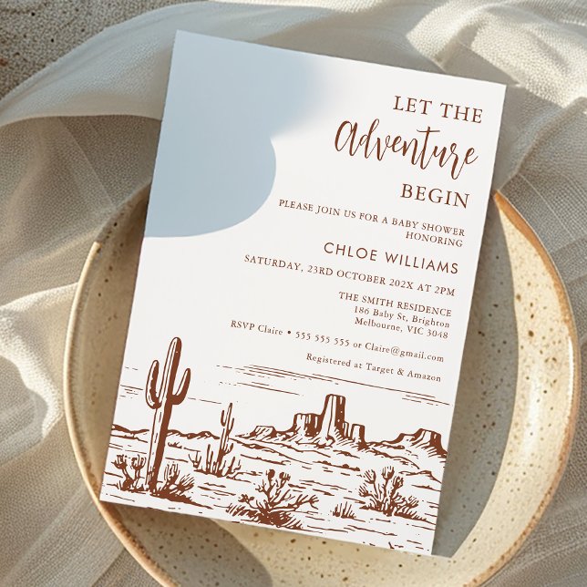 Den westerna öknen gör att Äventyr kan börja med b Inbjudningar (Let the Adventure Begin Baby Shower Invitation, Wilderness Baby Shower Invitation, Gender Neutral)