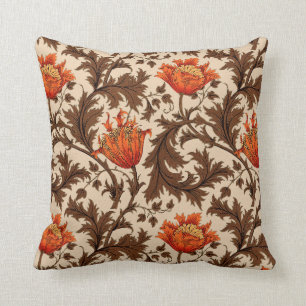Den William Morris anemonen, beigen, brunt och Kudde