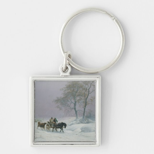 Den wintry vägen som ska marknadsföras fyrkantig silverfärgad nyckelring (Framsidan)