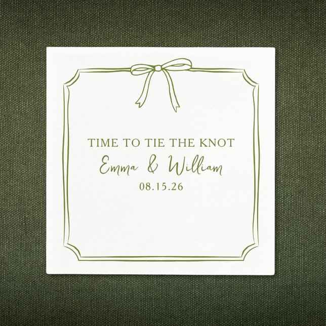 "Dena Knot" Elegant Bow Simple Olive Bröllop Pappersservett (Perfect for "Tying the Knot," these olive green napkins with a chic bow design can be customized!)