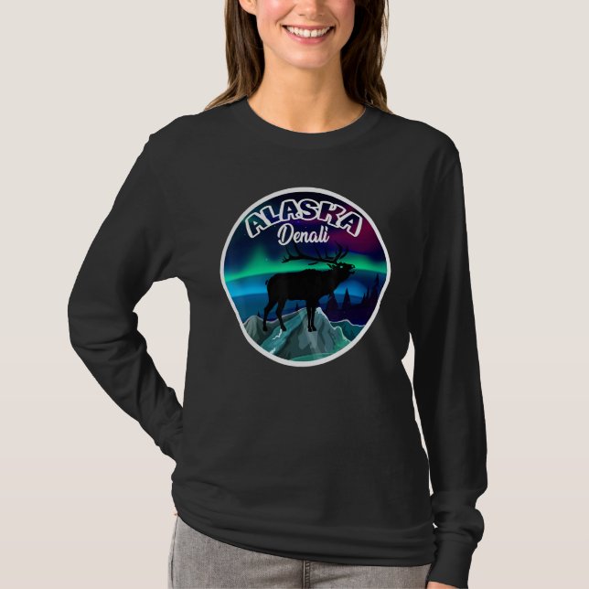 Denali Alaska Norrsken Älg T Shirt (Framsida)
