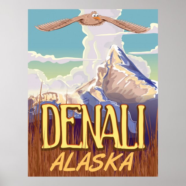 Denali Alaska tecknad vintage resor poster (Framsidan)