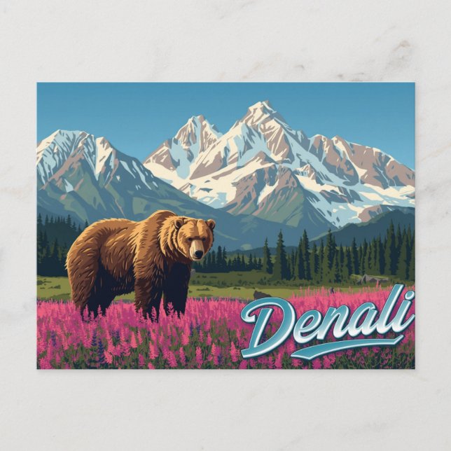 Denali Grizzly Bear Wildflower Art Vykort (Framsida)