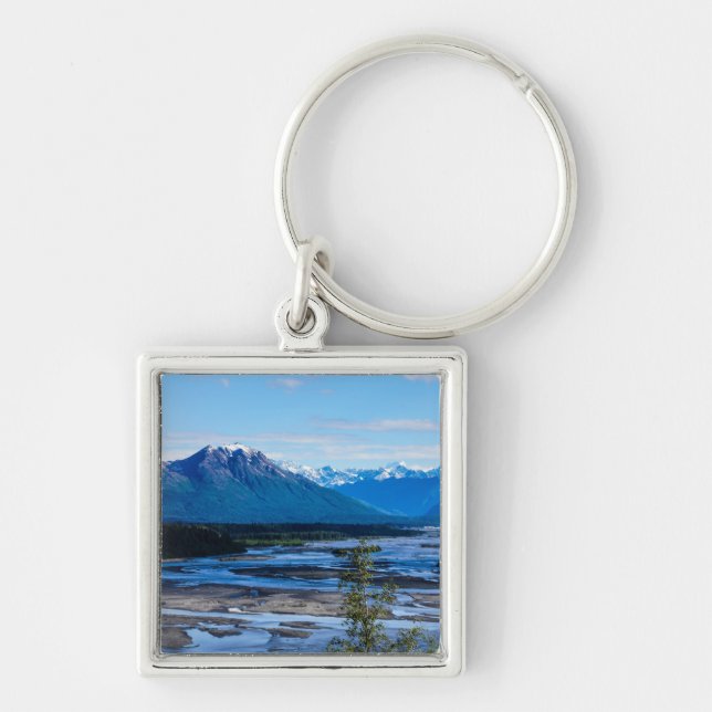 Denali Mountain Range Fyrkantig Silverfärgad Nyckelring (Framsidan)