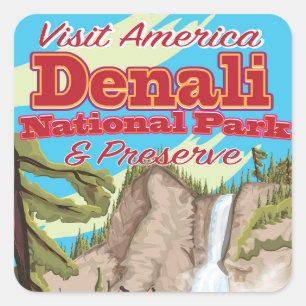 Denali National Park och Preserve Travel Poster Fyrkantigt Klistermärke