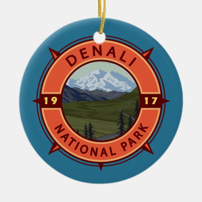 Denali National Park Retro Compass Emblem Julgransprydnad Keramik (Framsidan)
