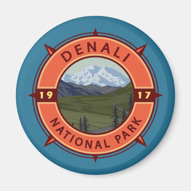 Denali National Park Retro Compass Emblem Magnet (Framsidan)