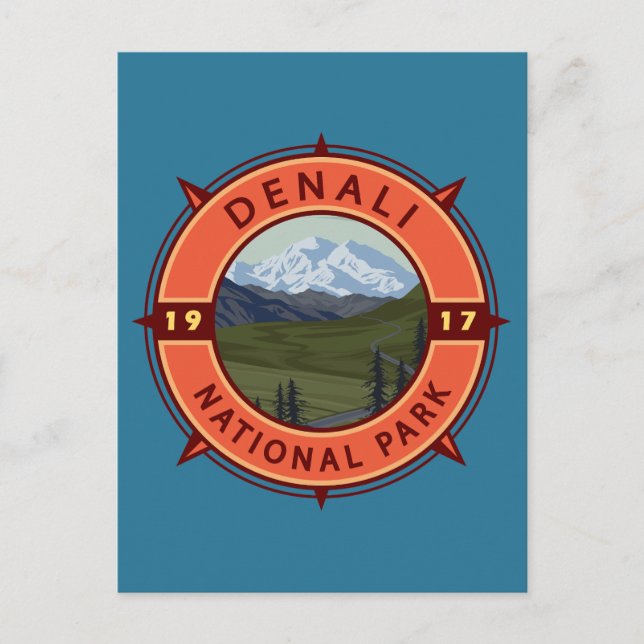 Denali National Park Retro Kompass Emblem Vykort (Framsida)