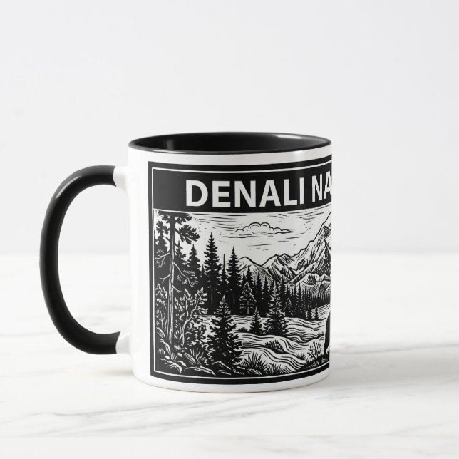Denali National Park Svart Vit Träsnitt Linolsnitt Mugg (Vänster)