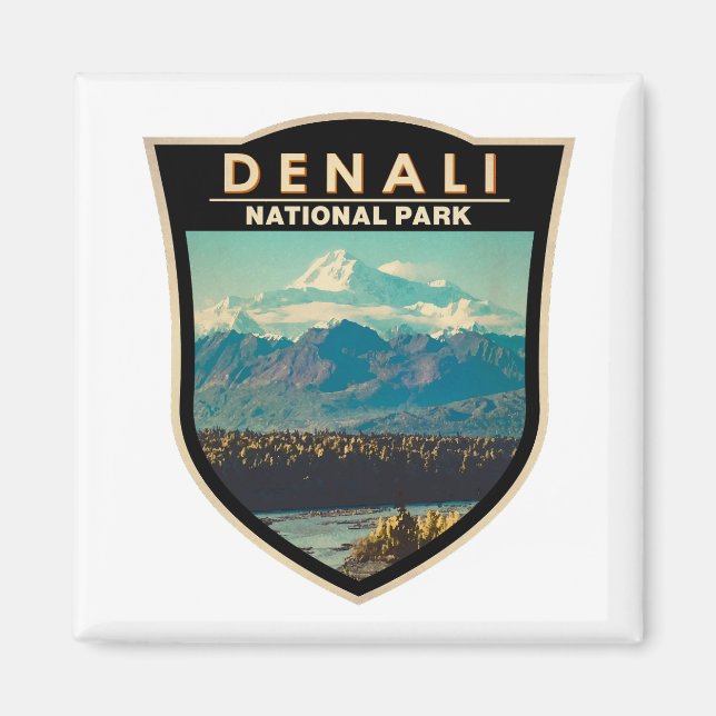Denali National Park Watercolor Badge Magnet (Framsidan)